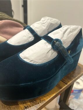 Larroude Teal Velvet Platform Mary Janes